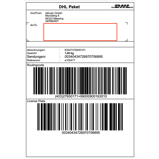 O etichetă DHL a Altruan GmbH (Morolding 6, 84323 Massing, Germania) conține coduri de bare și o greutate de 1,00 kg cu numărul de urmărire 00340434276970706895. Adresa destinatarului este goală pentru actualizări prin aplicația PackMaster: Weclapp Logistik Packing App pentru îmbunătățirea eficienței etichetelor de expediere.