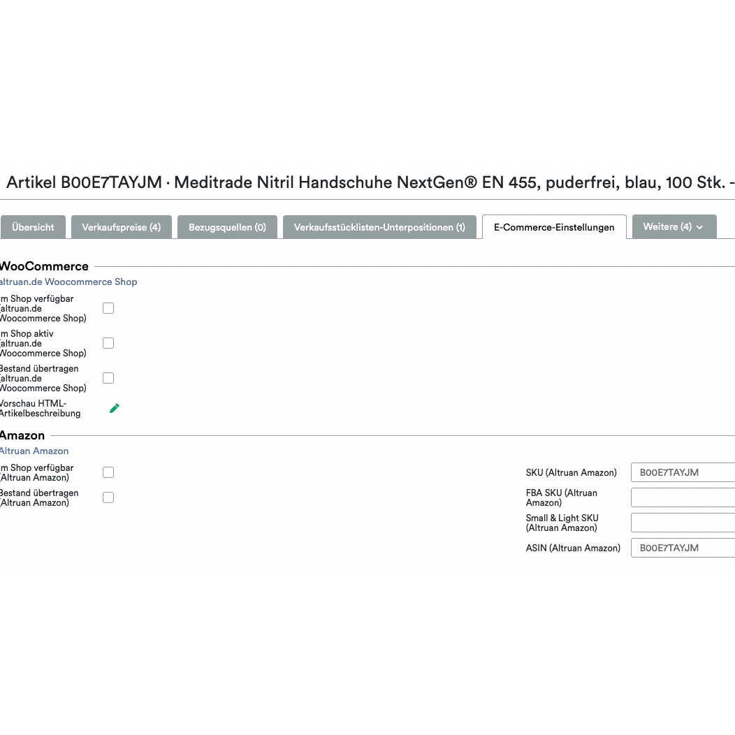Captură de ecran a unei interfețe Altruan UnitTable Sync: Weclapp Verpackungseinheiten und Stücklistengenerator, care arată detaliile listei pentru mănușile de nitril Meditrade NextGen EN 455. Dimensiunea și cantitatea sunt indicate. De asemenea, este vizibilă piața-S.