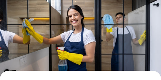Zwei Personen, die gelbe Handschuhe und blaue Schürzen tragen, reinigen Glastüren. Die Frau im Vordergrund hält lächelnd eine Sprühflasche in der Hand und wischt das Glas ab. Der Mann im Hintergrund ist ebenfalls am Putzen.