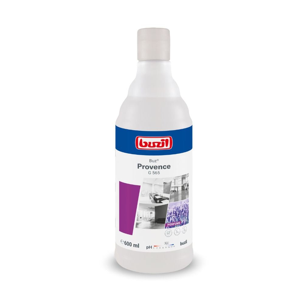 O sticlă de 600 ml de Buzil Air Provence G 565, spray de cameră gata de utilizare, produs de BUZIL-WERK Wagner GmbH & Co. KG, prevăzută cu o etichetă alb-albastră pe care figurează logo-ul mărcii, denumirea produsului și imagini cu interioare curate.