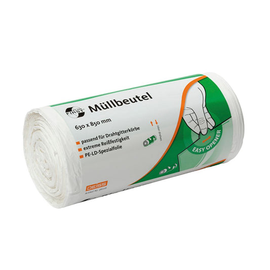 Eine Rolle 80-Liter DEISS First Plus® Müllsäcke, hergestellt von EMIL DEISS KG (GmbH + Co.), mit grün-orangefarbener Etikettierung. Die Premium-LDPE-Verpackung hat die Maße 630 x 850 mm und hebt Eigenschaften wie „extreme Reißfestigkeit“ und „leichtes Öffnen“ hervor.