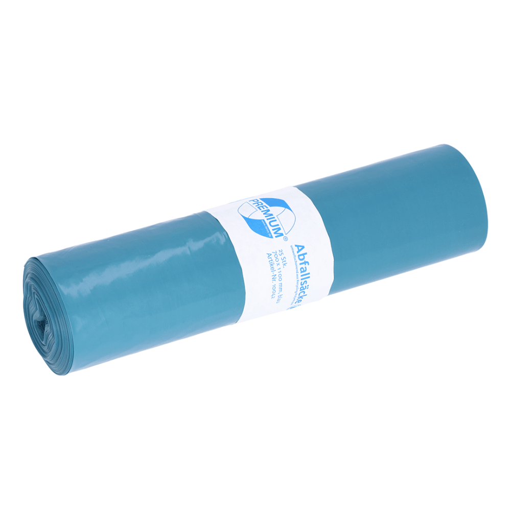 O rolă compactă de saci de gunoi albaștri din material reciclat, produsă de EMIL DEISS KG (GmbH + Co.). Fiecare sac are în centru o etichetă albă cu text și logo și este conceput pentru o capacitate de până la 120 de litri de deșeuri.
