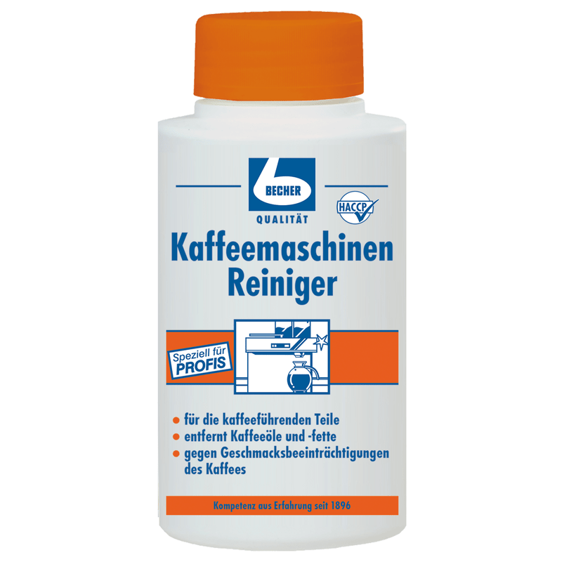 Aceasta Dr. Becher Detergent pentru mașini de cafea, sticlă de 1000 g Dr. Becher GmbH este o sticlă albă din plastic cu inscripții albastre și portocalii, instrucțiuni în limba germană și logo-uri de calitate/HACCP – perfectă pentru curățarea și întreținerea aparatelor de cafea.