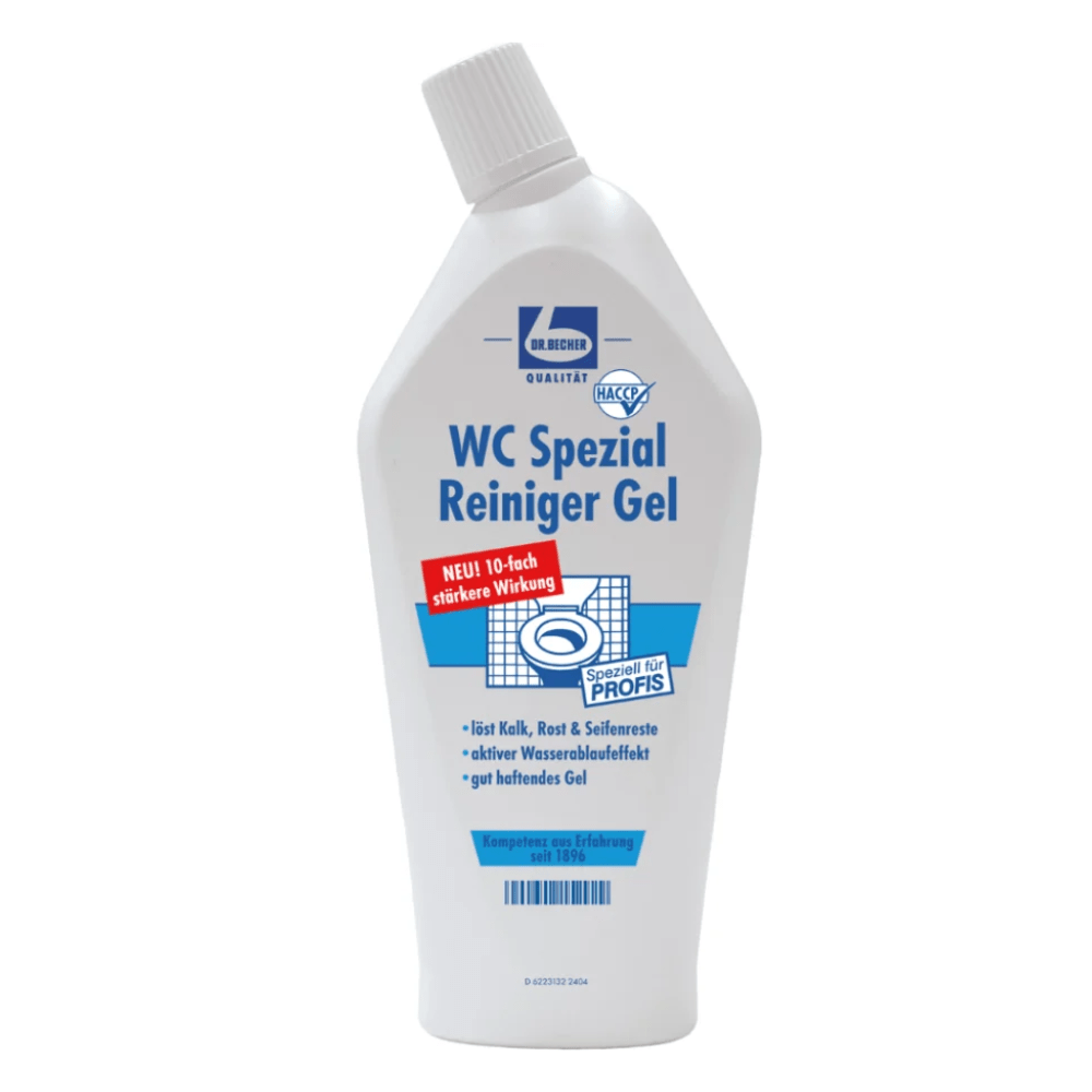 O sticlă de plastic albă Dr. Becher Gel de curățare special pentru toaletă de la Dr. Becher GmbH cu capac înclinat și o etichetă cu text albastru și roșu, care promovează igiena și eficacitatea sporită pentru utilizarea profesională, inclusiv funcția „îndepărtarea calcarului”, care subliniază măiestria ingineriei germane din spatele produsului.