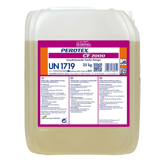 Ein 25-kg-Kunststoffbehälter mit Dr. Schnell PEROTEX CF 2000 Chlorfreier Geschirrreiniger von DR.SCHNELL GmbH & Co. KGaA, gekennzeichnet mit mehrsprachigen Anweisungen, Sicherheitssymbolen und dem Gefahrstoffcode UN 1719.