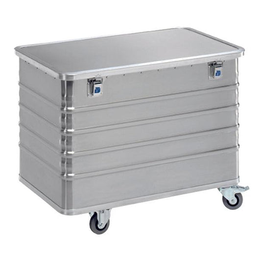 Der Novocal Transportcontainer aus Aluminium mit einem Volumen von 322 l verfügt über einen Klappdeckel, zwei Verschlüsse und vier Lenkrollen (2 fest & 2 schwenkbar, Ø100 mm) für eine sichere Aufbewahrung und einfache Mobilität. Marke: Novocal.