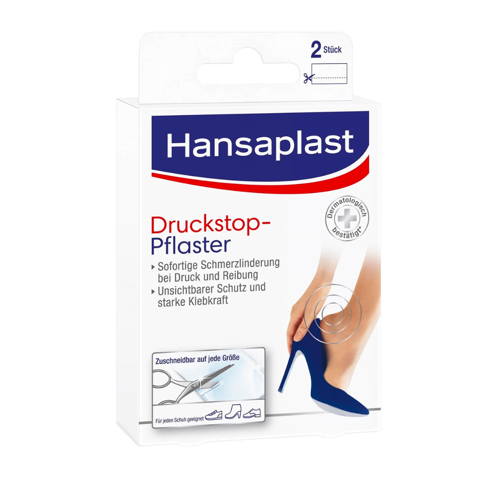 Ambalajul plasturelui Hansaplast Druckstop al companiei Beiersdorf AG, pe care este reprezentat un picior de femeie într-un pantof cu toc înalt, care promite ameliorarea durerilor cauzate de presiune. Textul este în limba germană și subliniază „Schutzpol”.