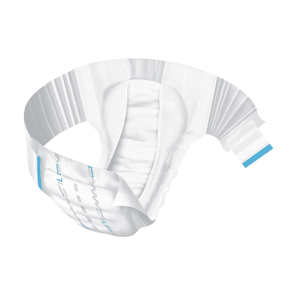 Un scutec pentru adulți din gama Hartmann MoliCare® Premium Elastic a companiei Paul Hartmann AG, cu un design alb și albastru, este prezentat într-o dispunere curbată pe un fundal alb, ceea ce pune în evidență proprietățile sale de absorbție și flexibilitate.