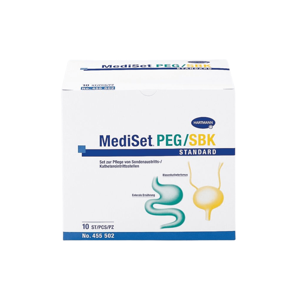 Imaginea unei cutii cu inscripția „Hartmann MediSet PEG/SPK Standard Katheter-Set, steril”. Acest produs al companiei Paul Hartmann AG conține 10 seturi pentru îngrijirea cateterului. Pe partea din față sunt reprezentate imagini ale tractului digestiv și ale cateterului, iar pe ambalaj figurează numărul de produs 455 502 și text în limba germană.