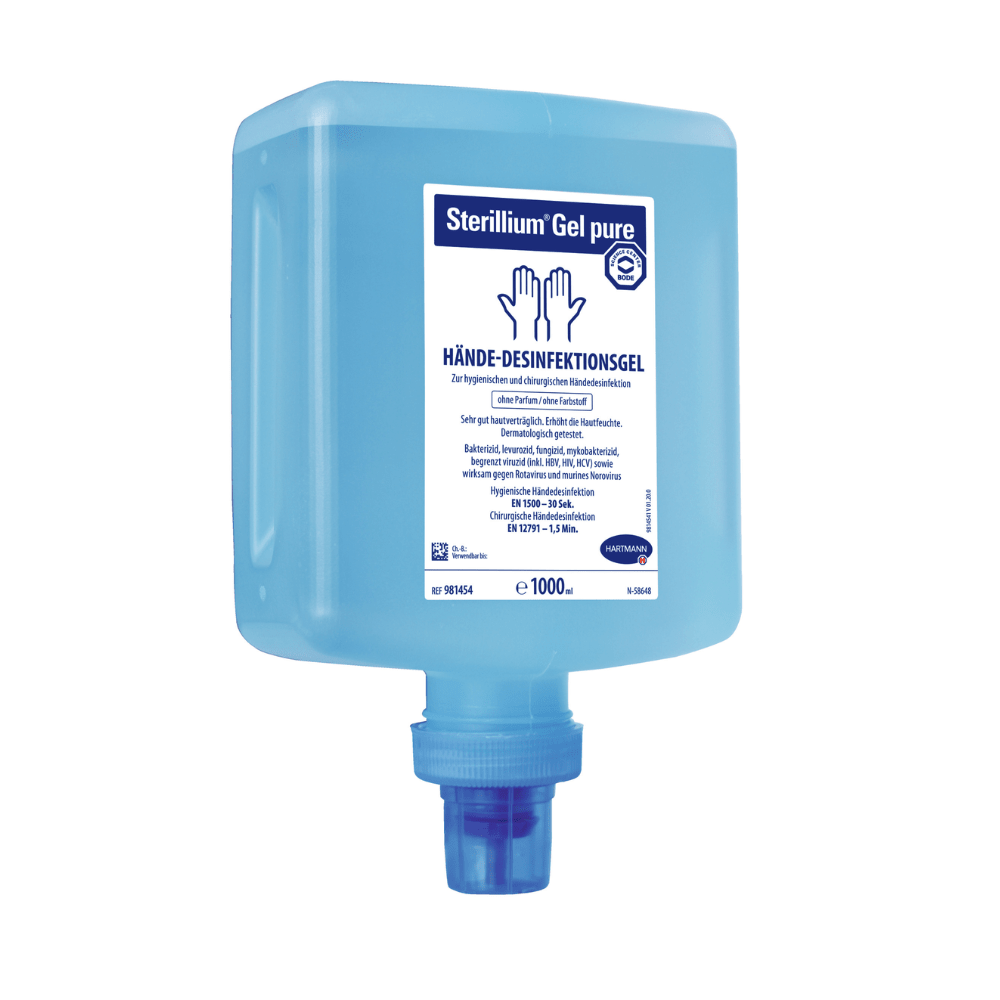 Un recipient albastru conținând gelul dezinfectant pentru mâini Hartmann Sterillium® Gel pure, prevăzut cu un robinet în partea inferioară și pe care sunt inscripționate instrucțiunile de utilizare și informațiile privind conținutul în limba germană. Pe recipient este indicată capacitatea acestuia.