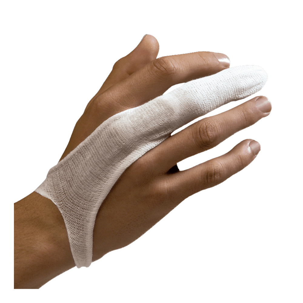 O mână cu degetare elastice de la Holthaus, care acoperă degetul arătător și se întind până la baza degetului mare, produse de Holthaus Medical GmbH & Co. KG. Bandajul respirabil și elastic fixează degetul arătător. Fundalul este alb, simplu.