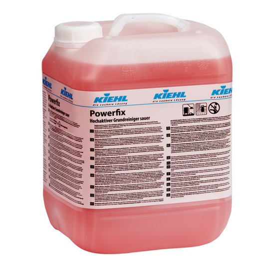 Ein großer, durchsichtiger Kunststoffbehälter mit Griff, gefüllt mit roter Flüssigkeit. Etikett: "Kiehl Powerfix Hochaktiver Grundreiniger, sauer" der Johannes Kiehl KG; zur professionellen Reinigung und Entkalkung, mit Sicherheitssymbolen und Anwendungshinweisen.