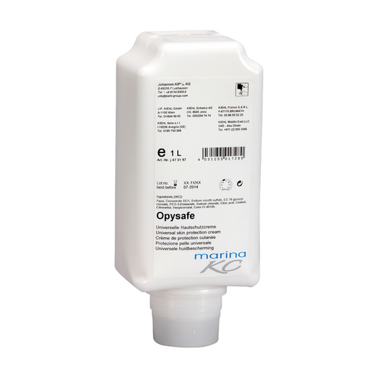 Eine weiße 1-Liter-Kunststoffflasche Kiehl Opysafe Universelle Hautschutzlotion der Johannes Kiehl KG, mit detailliertem Branding auf dem Etikett und einer Bodentülle zur einfachen Entnahme.