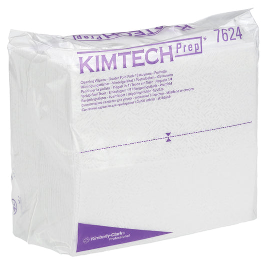 Ein Karton mit Auslaufartikel: Kimtech® Pure Wischtücher (Kimberly-Clark GmbH), weiß, viertelförmig gefaltet, 12 Packungen x 35 Blatt, jede Packung in klarem Plastik verpackt, mit Produktinformation und lila Branding auf der Vorderseite.