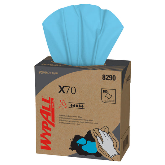 Ein Karton mit der Aufschrift "WypAll® X70 PowerClean - Zupfbox / Blau" von Kimberly-Clark GmbH spendet blaue Reinigungstücher, zeigt Produktinfos und eine Hand zum Aufwischen einer verschütteten Flüssigkeit - ideal für die professionelle Reinigung. Set: 10 x 100 Tücher je Karton.