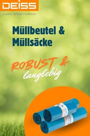 Werbung für Müllbeutel und Müllsäcke der Marke DEISS mit der Beschreibung 'robust & langlebig'. Abgebildet sind drei Rollen Müllsäcke auf grünem Hintergrund.