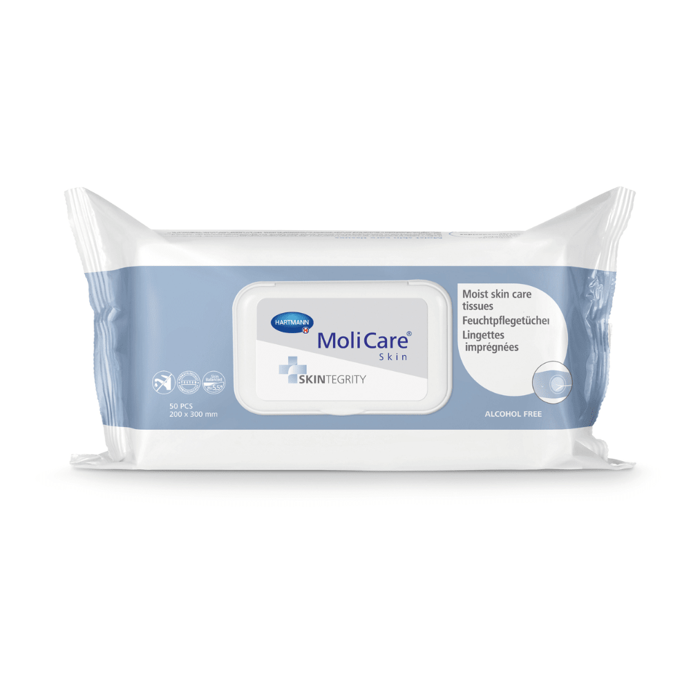 Pachet de șervețele umede pentru îngrijirea pielii MoliCare® Skin de la Paul Hartmann AG, într-un ambalaj alb-albastru, etichetat ca „șervețele umede pentru îngrijirea pielii”, fără alcool, în format 20x
