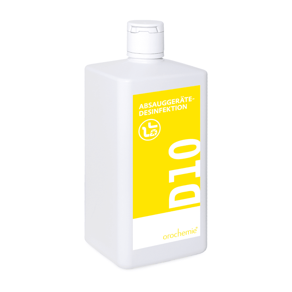 Orochemie D 10 Dezinfectant pentru aparate de aspirare, potrivit și pentru aparate de inhalare (sticlă de 1 l) de la orochemie GmbH + Co KG: Dezinfectant fără aldehide, în sticlă de plastic albă cu etichetă galbenă „D10”, destinat aparatelor de aspirare și de inhalare.