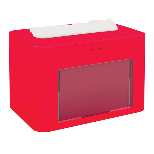 Der Papernet Antibakterieller Spender für V-Falz Servietten Superior mit Ready Table Technologie von Sofidel Germany GmbH ist ein roter, rechteckiger Taschentuchspender mit transparenter Frontplatte. Er zeichnet sich durch ein elegantes, modernes Design aus, das perfekt in jede Umgebung passt. Ein weißes Taschentuch wird teilweise aus der Oberseite herausgezogen und zeigt seine praktische und antibakterielle Wirkung.