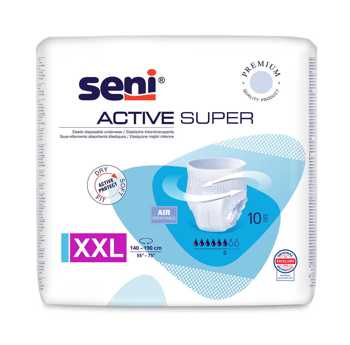 Un pachet de 10 bucăți Seni Chiloți pentru incontinență Active Super XXL (circumferința taliei 140-190 cm) de la TZMO Deutschland GmbH, destinați persoanelor cu incontinență urinară, cu tehnologie respirabilă AIR, protecție împotriva umezelii și etichetă de calitate pe fond alb.