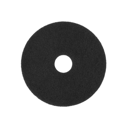 Das Arcora SUPERPAD SCHWARZ der Arcora International GmbH ist ein schwarzes, kreisrundes Reinigungspad mit Mittelloch für die effiziente Bodenreinigung, abgebildet auf weißem Hintergrund.