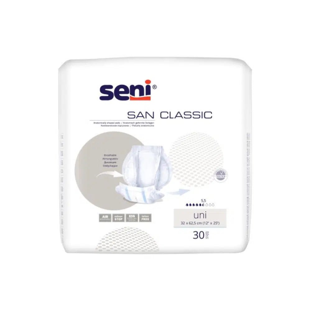 Imaginea prezintă un pachet de San Seni Absorbant pentru incontinență Classic Uni de la TZMO Deutschland GmbH. Ambalajul este în principal alb, cu accente de albastru și bej, și conține un text cu informații privind capacitatea de absorbție și dimensiunea. Pentru un confort suplimentar la purtare, pachetul conține 30 de absorbante.