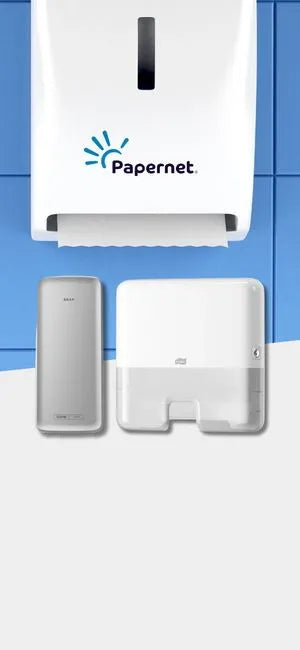 Papernet Spendersysteme für Papierhandtücher und Hygieneprodukte in Weiß und Grau vor blauem Hintergrund.