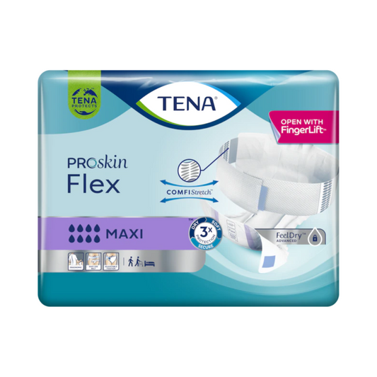 Die Verpackung der TENA Flex Maxi Inkontinenzvorlage mit Hüftbund von TENA – Essity Germany GmbH enthält einen weißen Inkontinenzslip, der wichtige Merkmale wie „ComfiStretch“, „FeelDry-Technologie“ und „Öffnen mit FingerLift“ hervorhebt. Außerdem enthält er Symbole, die Saugstärke und Verwendungszweck angeben, was ihn zu einer ausgezeichneten Wahl für eine Hüftbund-Inkontinenzvorlage macht.