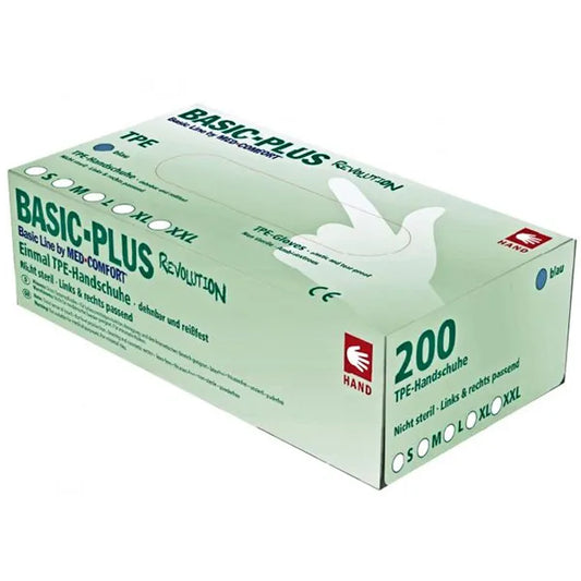 Eine rechteckige Box von AMPri Auslaufartikel: TPE Handschuh, schwarz, puderfrei, Basic-Plus Revolution - XXL der AMPri Handelsgesellschaft mbH enthält 200 Handschuhe der Größe XXL und ist mit Größensymbolen sowie einer Handgrafik auf der Verpackung versehen.