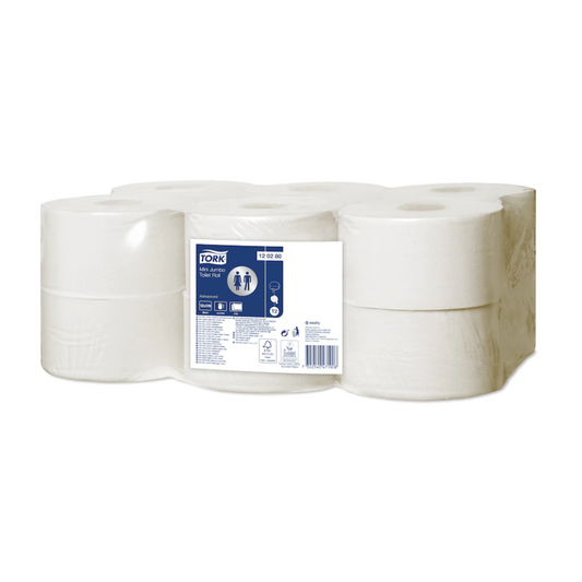 Ein Bild zeigt eine Packung mit acht weißen Toilettenpapierrollen, deren Verpackung den Markennamen Tork deutlich zeigt und die Advanced T2-Qualität hervorhebt. Die Produktdetails bestätigen, dass es sich um Mini Jumbo 2-lagig Toilettenpapier handelt.