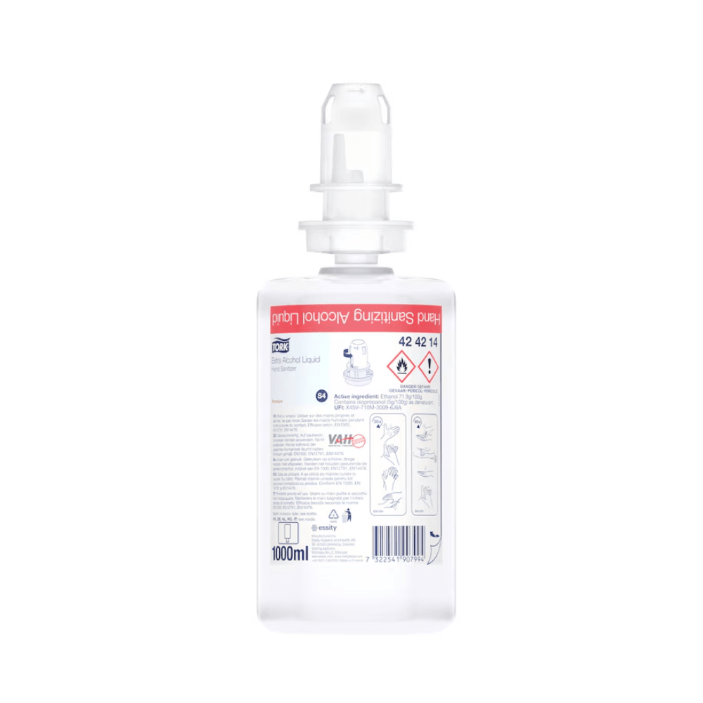 O sticlă transparentă din plastic de 1000 ml, model Tork 424214, conținând dezinfectant extra pentru mâini de la TORK – Essity Professional Hygiene Germany GmbH, prevăzută cu un dozator cu presiune. Eticheta prezintă simboluri de siguranță, instrucțiuni de utilizare cu ilustrații și text în mai multe limbi privind menținerea funcției de protecție a pielii.