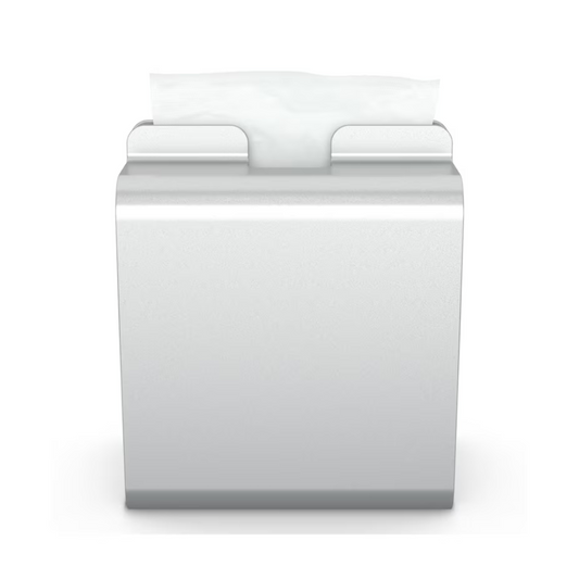 Der aus Aluminium gefertigte Tork Xpressnap® 274002 Serviettenspender von Essity Professional Hygiene Germany GmbH zeigt vor einem schlichten weißen Hintergrund ein einzelnes elegant herausgezogenes weißes Tuch – ideal für Selbstbedienungsrestaurants.