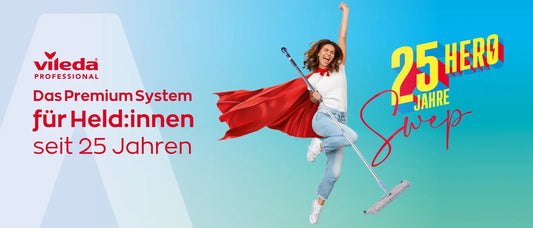 Werbebanner von Vileda mit einer jubelnden Frau mit einem Vileda Wischmop Professional und einem 25 Jahre Swep Slogan