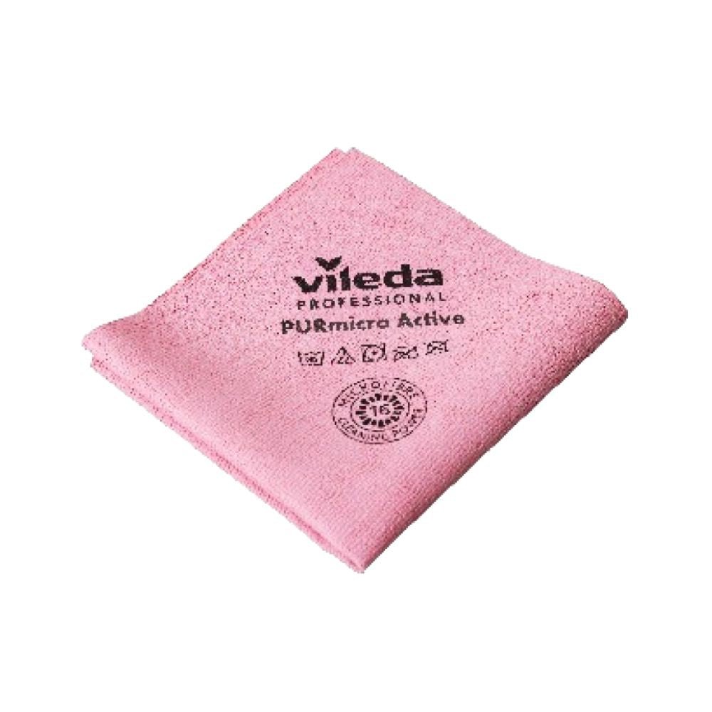 Cârpa din microfibră Vileda GmbH Professional PURmicro Active este o cârpă de curățat de culoare roz, prevăzută cu simboluri de reciclare și instrucțiuni de întreținere. Ușor pliată, aceasta oferă o textură curată și moale, perfectă pentru o curățare fără urme.