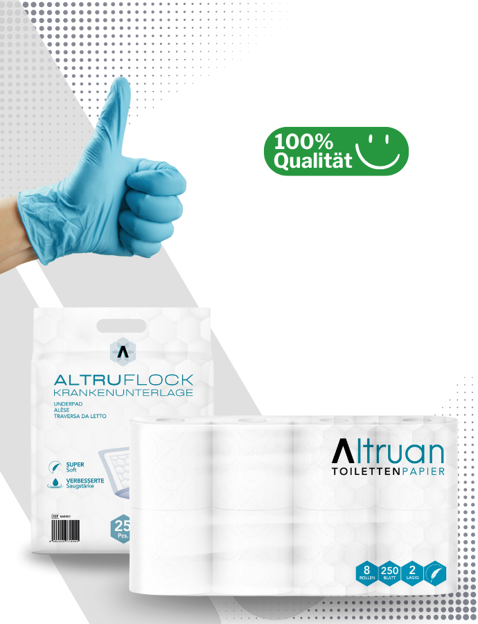 Eine blau behandschuhte Hand zeigt den Daumen nach oben über einer grünen