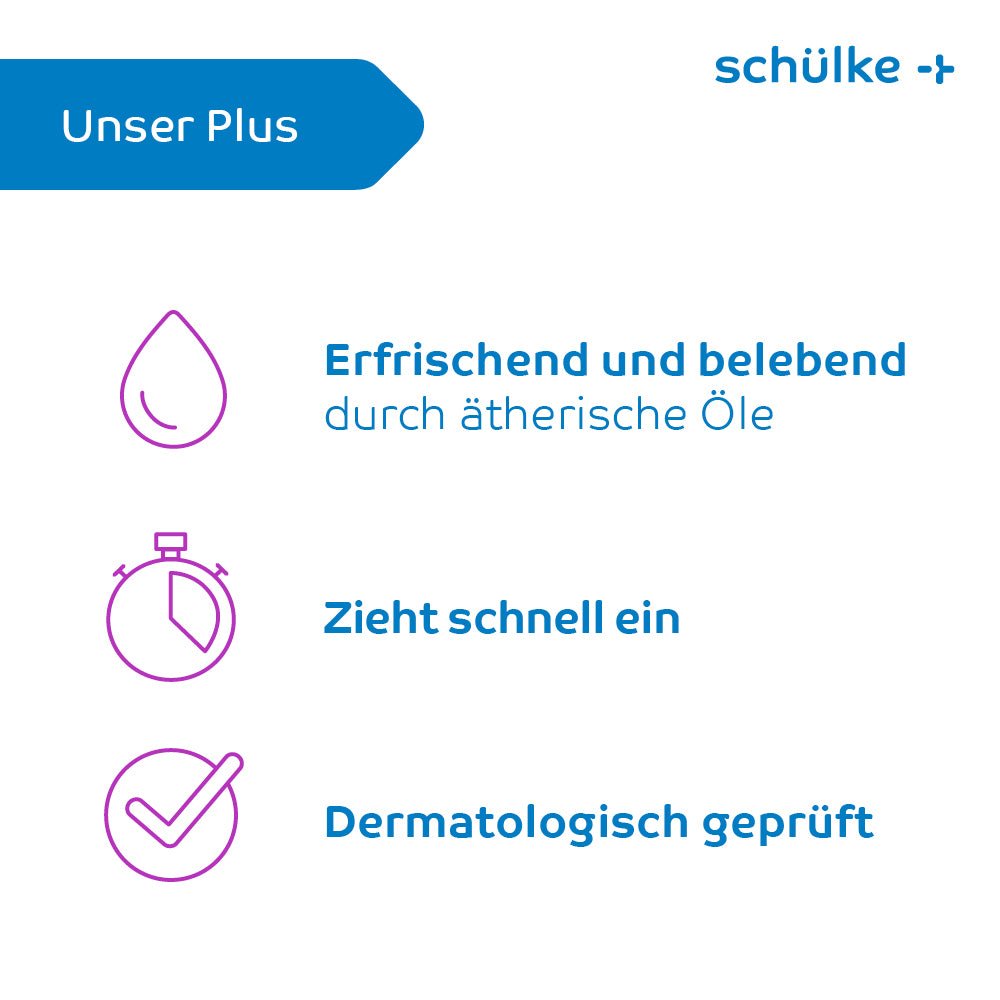 O imagine cu text în limba germană pentru prezentarea companiei Schülke & Mayr GmbH, Schülke esemtan® active Gel – 500 ml | sticlă (500 ml) și trei simboluri. Primul simbol este o picătură cu inscripția „Răcoritor și revigorant datorită uleiurilor esențiale”. Al doilea simbol este un cronometru cu inscripția „Se absoarbe rapid”. Al treilea simbol este o bifă cu inscripția „Testat dermatologic”.