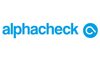 Blauer Schriftzug „alphacheck“ mit rundem Symbol rechts, freigestellt auf hellem Hintergrund zentriert dargestellt