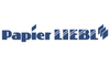 Blauer Schriftzug „Papier LIEBL“ mit grafischen Elementen rechts, freigestellt auf hellem Hintergrund zentriert dargestellt