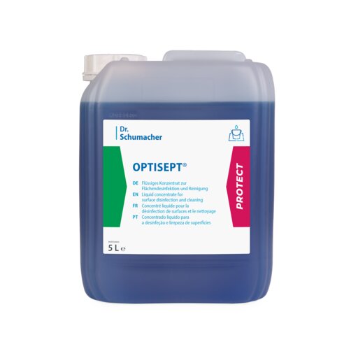 Un recipient de plastic de 5 litri al detergentului dezinfectant Dr. Schumacher OPTISEPT® de la Dr. Schumacher GmbH cu lichid albastru și etichetă albă multilingvă pentru dezinfecția și curățarea eficientă a suprafețelor.