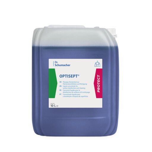 Un recipient de 10 litri al detergentului dezinfectant OPTISEPT® de la Dr. Schumacher GmbH cu lichid albastru, etichetă albă cu informații multilingve și secțiune roșie, îngroșată "PROTECT", este ideal pentru dezinfecția eficientă a suprafețelor.