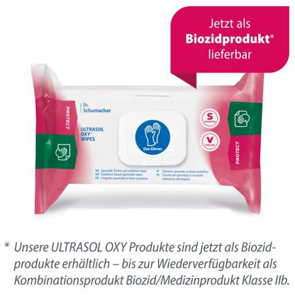 Un pachet de șervețele dezinfectante Dr. Schumacher Ultrasol Oxy Wipes (108 șervețele) este marcat cu simbolul albastru "Use Gloves" (folosiți mănuși) și indică disponibilitatea sa ca produs biocid, textul german subliniind utilizarea pentru inventarul medical.