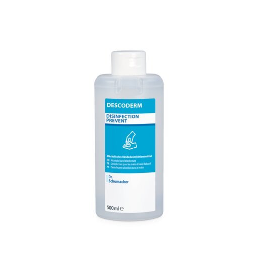 Dr. Schumacher DESCODERM dezinfectant pentru mâini într-o sticlă de 500 ml din plastic transparent cu capac flip-top alb și etichetă albastru-alb cu informații despre produs și diagramă de dezinfectare a mâinilor pentru dezinfectarea mâinilor de la Dr. Schumacher GmbH.