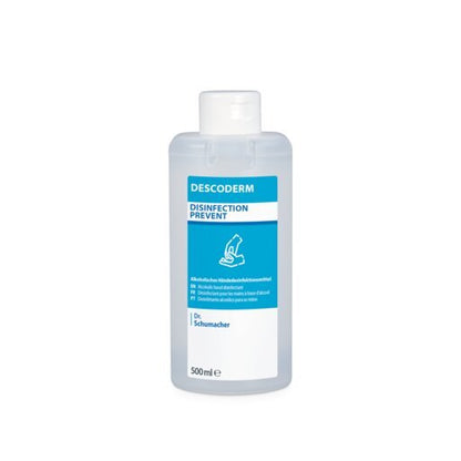Dr. Schumacher DESCODERM dezinfectant pentru mâini într-o sticlă de 500 ml din plastic transparent cu capac flip-top alb și etichetă albastru-alb cu informații despre produs și diagramă de dezinfectare a mâinilor pentru dezinfectarea mâinilor de la Dr. Schumacher GmbH.