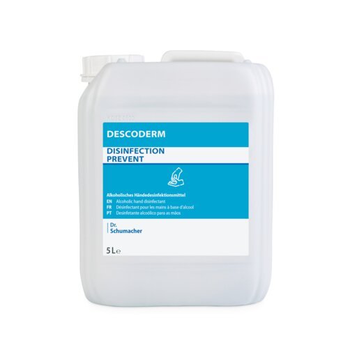 Un recipient din plastic de 5 litri cu inscripția "Dr. Schumacher DESCODERM dezinfectant pentru mâini" de la Dr. Schumacher GmbH, un dezinfectant alcoolic, fără parfum, pentru dezinfectarea mâinilor cu o etichetă multilingvă albastru-alb.