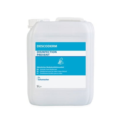 Un recipient din plastic de 5 litri cu inscripția "Dr. Schumacher DESCODERM dezinfectant pentru mâini" de la Dr. Schumacher GmbH, un dezinfectant alcoolic, fără parfum, pentru dezinfectarea mâinilor cu o etichetă multilingvă albastru-alb.