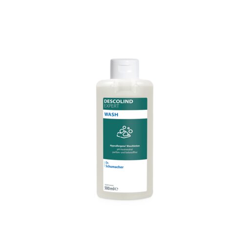 Die weiße 500-ml-Flasche DESCOLIND EXPERT WASH der Dr. Schumacher GmbH trägt ein grün-weißes Etikett mit Handwasch-Symbol und detaillierten Produktinformationen auf der Vorderseite; eine effektive Reinigungslösung.
