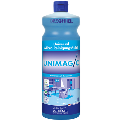 Eine blaue 1-Liter-Flasche Dr. Schnell UNIMAGIC Universalreiniger der DR.SCHNELL GmbH & Co. KGaA mit blauem Verschluss und einem Etikett mit Produktangaben und Reinigungssymbolen.