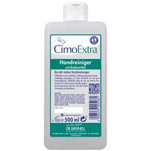 Eine weiße 500 ml Flasche Dr. Schnell CIMOEXTRA Spenderflaschen Hautreinigung der DR.SCHNELL GmbH & Co. KGaA, mit Flip-Top-Verschluss, blauer und grüner Schrift, Barcode auf der Vorderseite und überwiegend deutscher Kennzeichnung für hautfreundliche Reinigung.