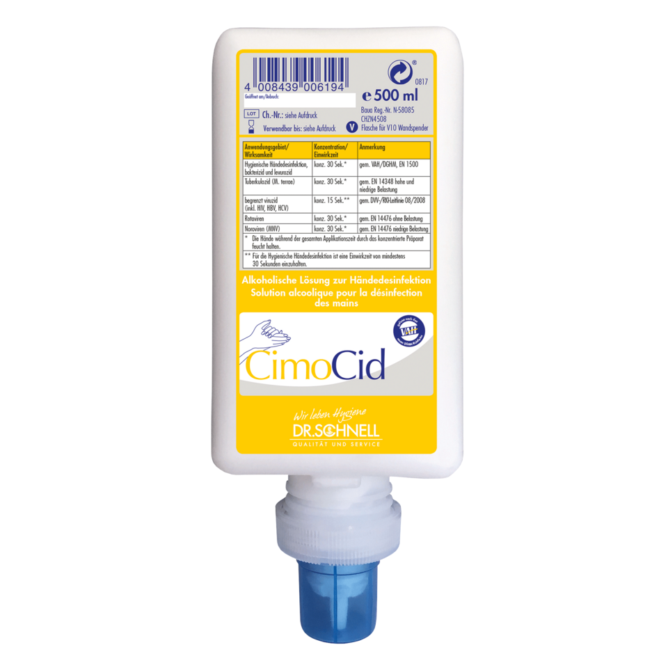 O sticlă de 500 ml Dr. Schnell CIMOCID Dezinfectant pentru mâini alcoolic de la DR.SCHNELL GmbH & Co. KGaA, cu o pompă albastră și o etichetă albă cu informații despre produs și instrucțiuni de utilizare în mai multe limbi.