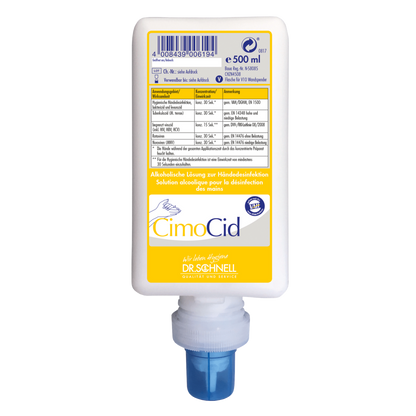 O sticlă de 500 ml Dr. Schnell CIMOCID Dezinfectant pentru mâini alcoolic de la DR.SCHNELL GmbH & Co. KGaA, cu o pompă albastră și o etichetă albă cu informații despre produs și instrucțiuni de utilizare în mai multe limbi.